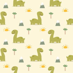 Green dinosaur cartoon so cute. On tree mountain sun background. Pattern seamless vector illustration. 

