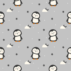 Penguin cartoon so cute. On cloud moon star snow gray background. Pattern seamless vector illustration. 
