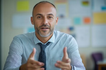 Confident business man looking at camera talking about company strategy and business plan, explaining corporate success, Generative AI