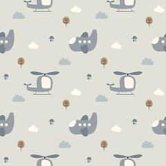 Airplane and helicopter cartoon so cute. On cloud tree house background. Pattern seamless vector illustration. 