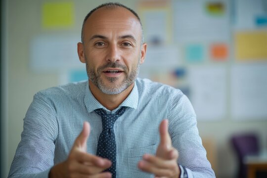 Confident business man looking at camera talking about company strategy and business plan, explaining corporate success, Generative AI
