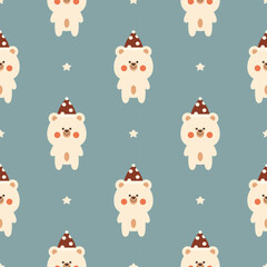 Polar bear and red hat cartoon so cute. On star background. Pattern seamless vector illustration. 