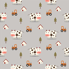 Cow cartoon so cute. On tractor tree house gray background. Pattern seamless vector illustration. 