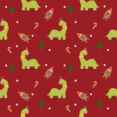 Obraz premium Dinosaur green cartoon so cute. On candy cane tree snow gingerbread cookies red background. Pattern seamless vector illustration. 