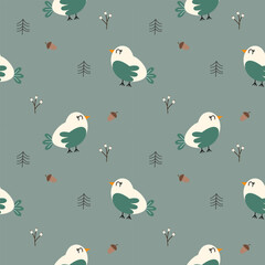 Bird cartoon so cute. On tree flower acorn green background. Pattern seamless vector illustration. 
