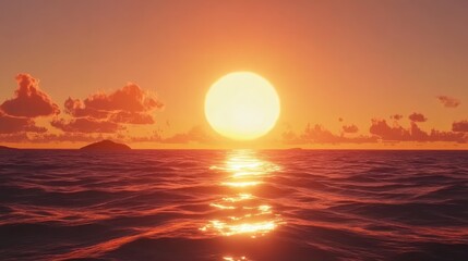 Fototapeta premium Vibrant sunset over calm ocean with islands on horizon.