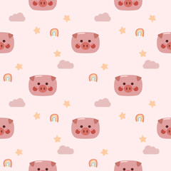 Fototapeta premium Face pig cartoon so cute. On cloud star rainbow pink background. Pattern seamless vector illustration. 