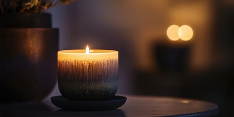 An isolated lit candle on a dark background, glowing with a warm, inviting light.