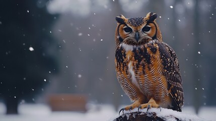 Majestic owl perched on snowy stump in winter.