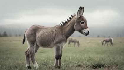 Fototapeta premium Young Donkey Grazing in a Misty Pasture During Early Morning