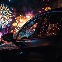 Car reflecting vibrant fireworks in a festive night scene.