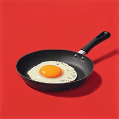 Sunny side up egg in a nonstick frying pan on red background.