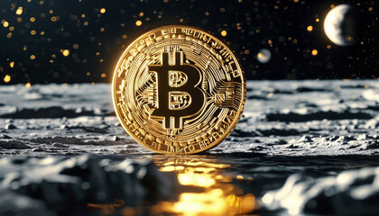 gold bitcoin floating in space, moon, all time high bitcoin price, crypto currency to the moon, digital gold, futuristic cash, crypto investment