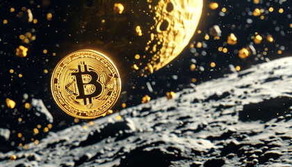 gold bitcoin floating in space, moon, all time high bitcoin price, crypto currency to the moon, digital gold, futuristic cash, crypto investment