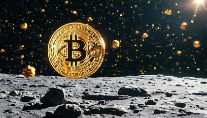 gold bitcoin floating in space, moon, all time high bitcoin price, crypto currency to the moon, digital gold, futuristic cash, crypto investment