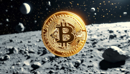 gold bitcoin floating in space, moon, all time high bitcoin price, crypto currency to the moon, digital gold, futuristic cash, crypto investment