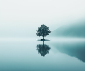 Einsamer Baum spiegelt sich in ruhigem Wasser unter nebligem Himmel

