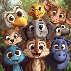 Adorable Cartoon Animals Group Jungle Friends Portrait