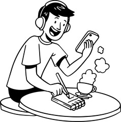 Digital Nomad Man Cartoon Character Outline