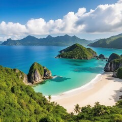 Obraz premium A picturesque tropical beach with crystal-clear turquoise water lapping against sandy shores, framed by dramatic mountains and a vibrant blue sky.