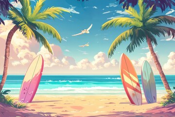 Idyllic Tropical Beach Scene With Surfboards And Paragliders