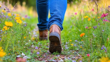 Person Walking Through a Flower Meadow at Dawn