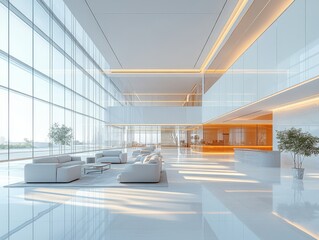 Modern spacious office lobby with large windows, white walls, and comfortable seating.