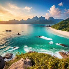 Obraz premium A picturesque tropical beach with crystal-clear turquoise water lapping against sandy shores, framed by dramatic mountains and a vibrant blue sky.