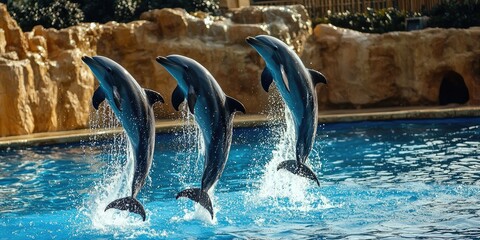 Dolphins performing tricks in an aquatic park, delighting visitors with synchronized jumps.