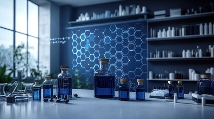 Modern lab interior with blue liquid samples and digital interface.