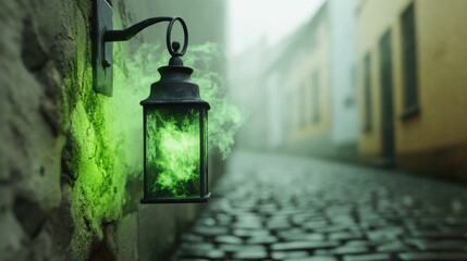 A glowing green lantern casts eerie light on an empty pathway