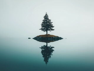 Einsamer Baum auf einer kleinen Insel im ruhigen, spiegelnden Wasser

