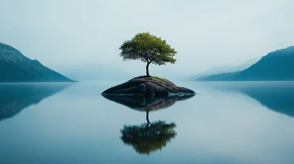 Acrylic prints Einsamer Baum auf einer kleinen Insel im ruhigen, spiegelnden Wasser  