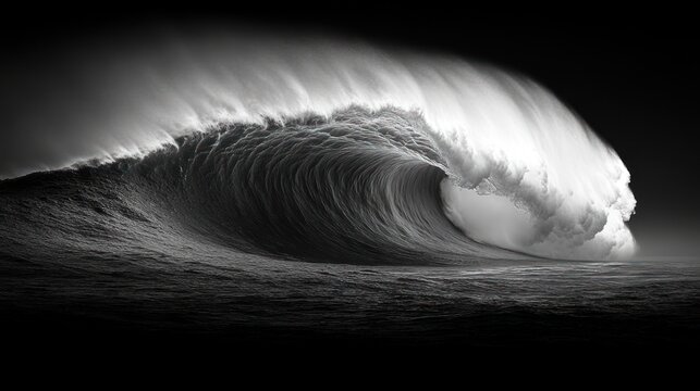 Fototapeta Monochrome photo of a massive, curling ocean wave at night.