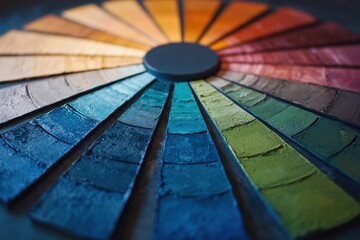 A close-up of a color wheel palette covered in various shades of wet paint.