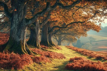 Majestic autumn trees guarding the path to rolling hills