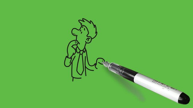 draw standing young man keep right index finger on lips, see right side upward and hold open box in left hand place on table, butterfly come out from box and fly upside with black outline on abstract 