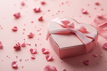 Heart-shaped gift box with pink ribbon and rose petals for valentine's day