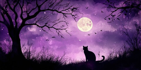 A serene night with a feline friend and magical hues.