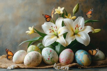 Easter eggs and white lilies with butterflies celebrating spring holidays © kardaska