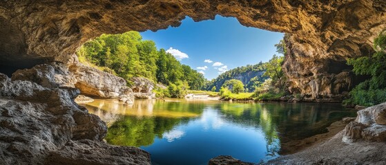 Cave opening revealing serene lake and lush forest landscape under a bright blue sky.