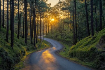 Obraz premium Winding road through forest at golden hour illuminating asphalt
