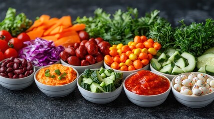 A cheerful Easter snack board with veggies, dips, and small bowls of colorful candies.