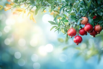 Ripe pomegranates hanging from tree branch in orchard, illuminated by sunlight