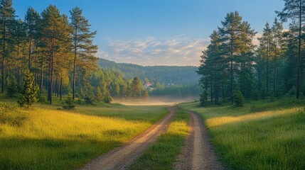 Obraz premium Dirt road leading through misty meadow at sunrise in green forest