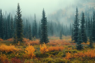 Fog rolling over a meadow in an autumn forest