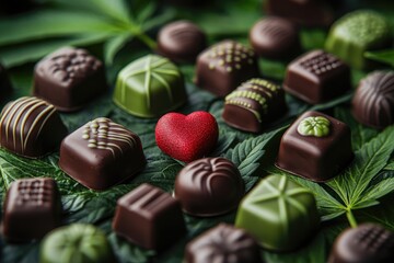 Cannabis-infused chocolates resting on fresh marijuana leaves