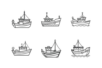 fishing boat line art vector illustration, set of boats