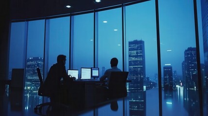 Business Professionals in Modern Office at Night