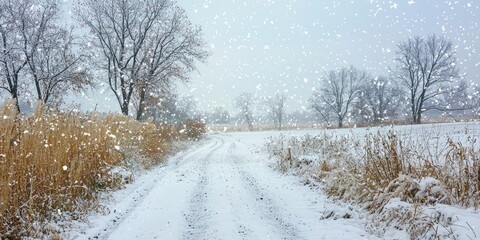 Obraz premium Snow falling softly from the sky, gently coating the ground and creating a serene atmosphere.